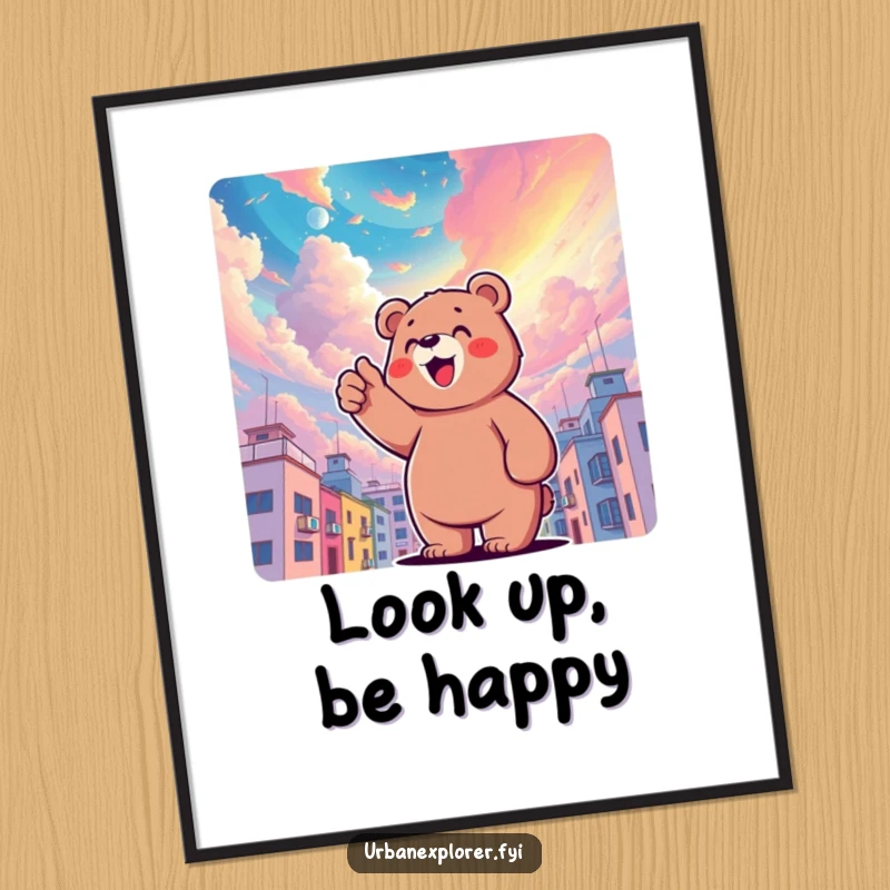 Funny bear character pointing upwards at a surreal, colorful sky above buildings, creating a humorous and wondrous scene for wall art.