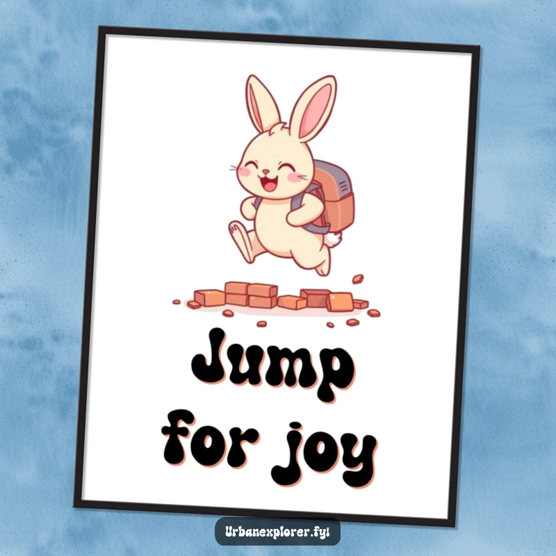Funny smiling bunny with a backpack, leaping over tiny scattered bricks, motivational and humorous wall art.