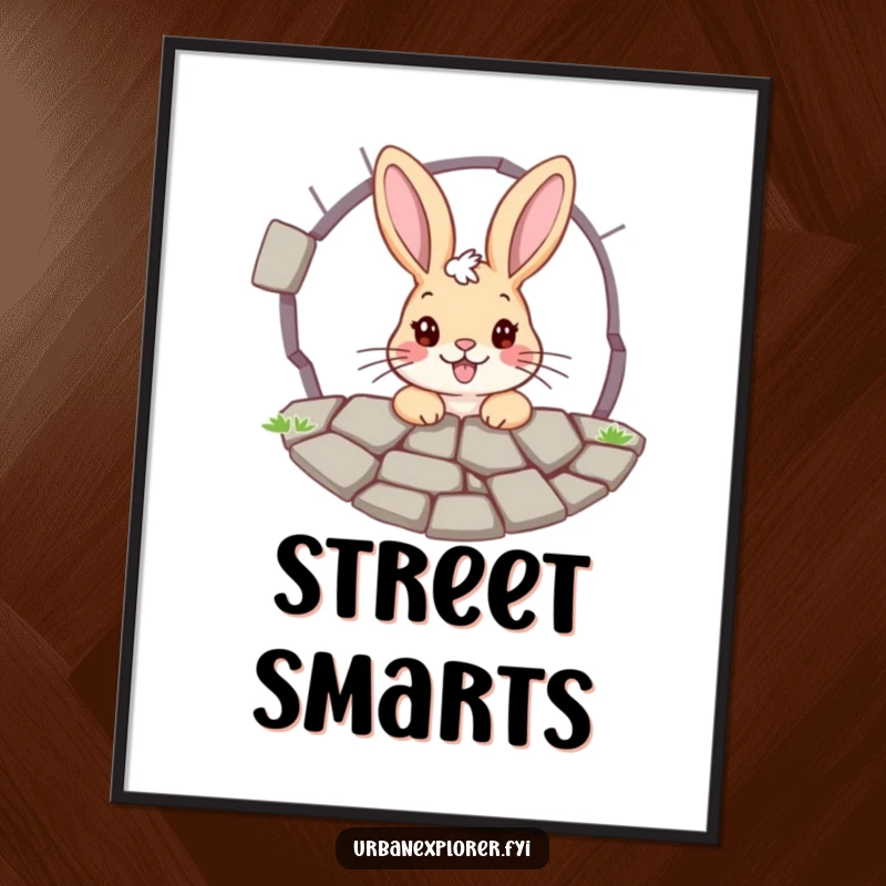 Funny bunny poster: a cheerful bunny peeking through a cracked pavement grate, symbolizing curiosity, exploration, and hidden beauty.