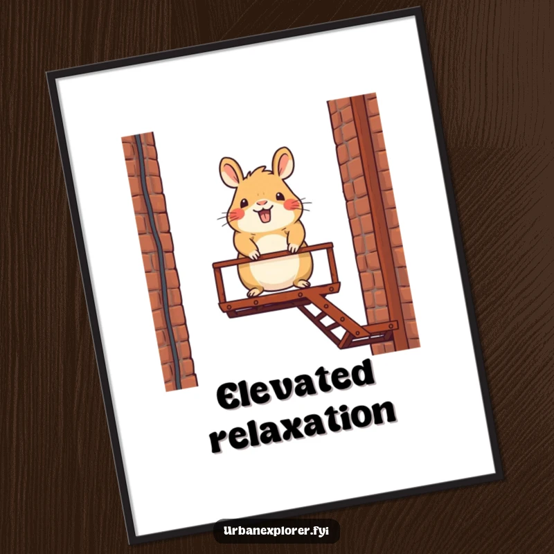 Funny poster capturing a happy capybara character expertly balancing on a rickety fire escape, creating a humorous scene.