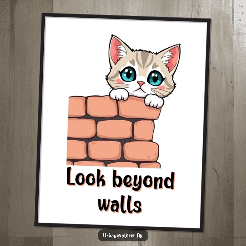 Funny curious cat peering over a crumbling brick wall with wide eyes, a humorous and artistic poster.