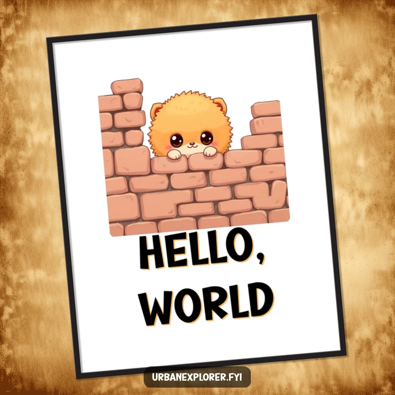 Funny Fluffy Creature Poster: A fluffy creature peeking from behind a brick wall, conveying curiosity and charm, perfect for a funny gift.