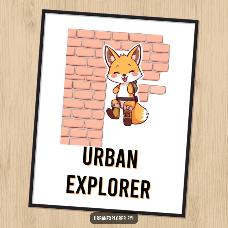 Funny fox poster: a smiling fox wearing tiny boots, rappelling down a brick wall, embodying daring feats and playful exploration.