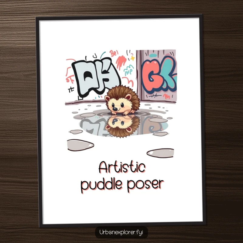 Funny illustration of a curious hedgehog reflected in a puddle near a graffiti-covered wall, for striking wall art.