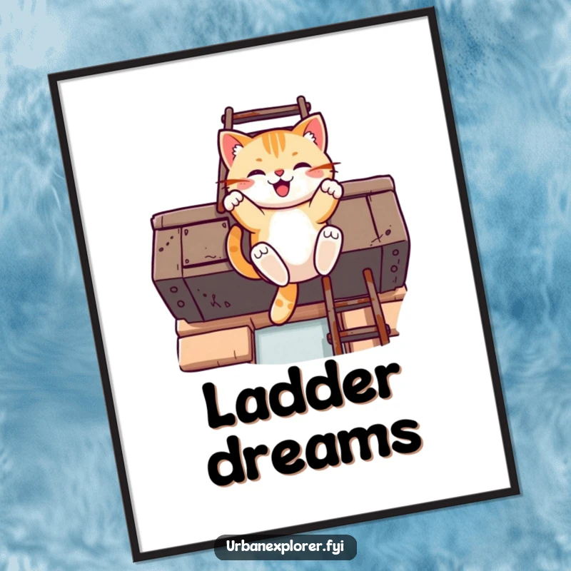 Funny Kawaii cat poster showcasing a cheerful cat swinging from a rusty fire escape ladder, capturing urban energy.