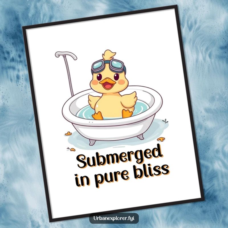 Funny Kawaii duck wearing goggles, floating contentedly in a bathtub, presented as cheerful wall art on a poster.
