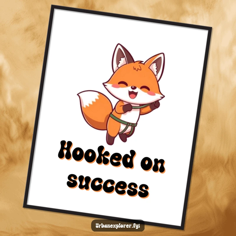 Funny kawaii poster featuring an enthusiastic fox using a grappling hook to ascend a wall, radiating action and fun.