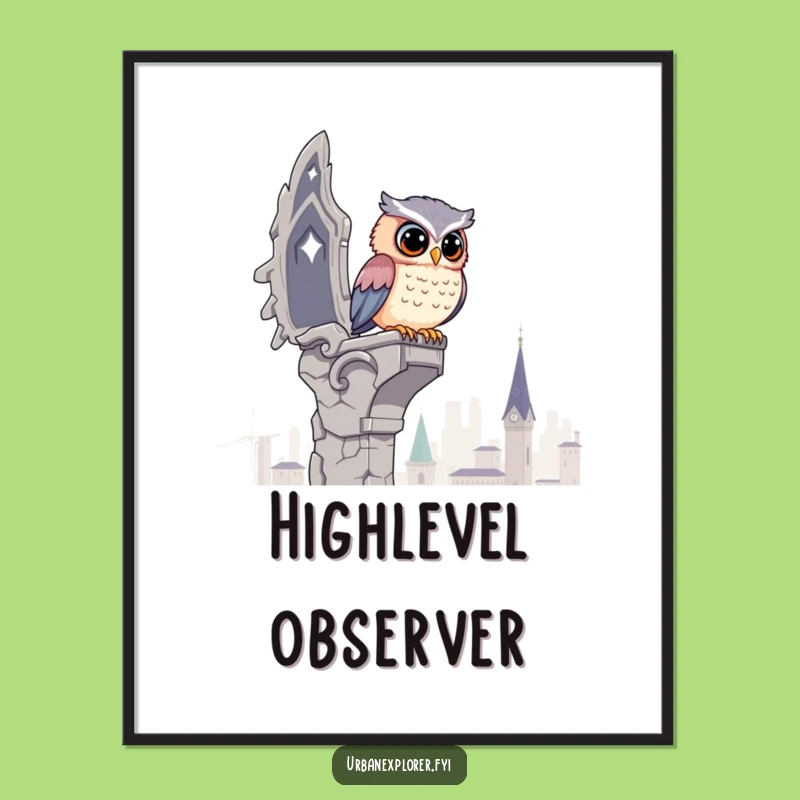 Funny Kawaii Owl Poster - Hilarious Gargoyle City View Art