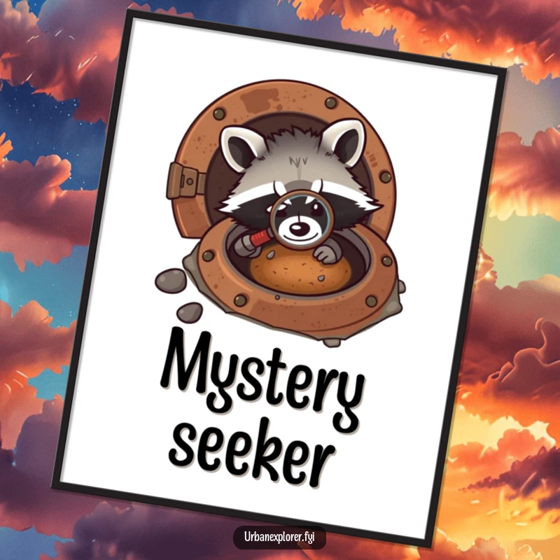 Funny kawaii poster featuring a raccoon peering into a rusty manhole with a magnifying glass, embodying cute detective work.