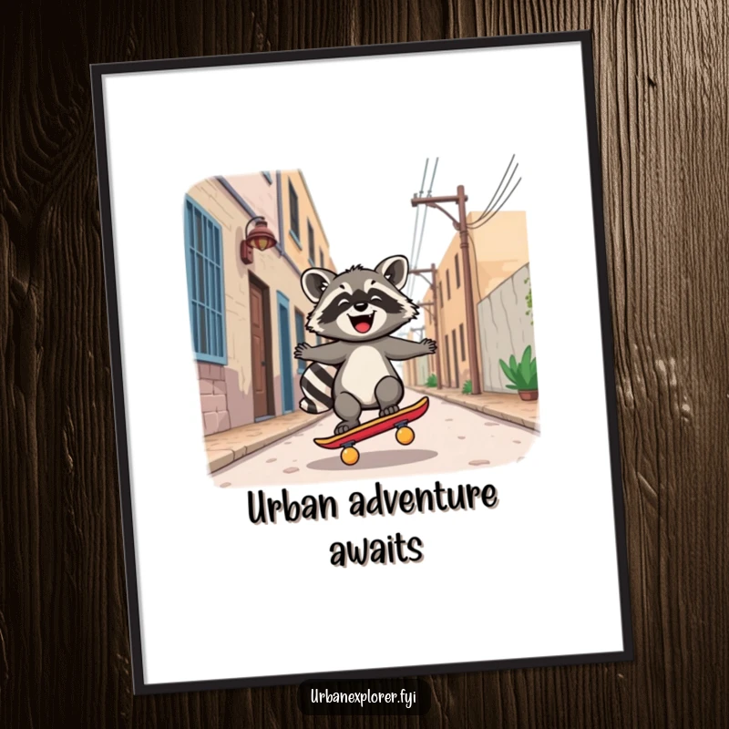 Funny Poster: A joyful Kawaii raccoon character riding a skateboard down a deserted alley, bringing urban art.