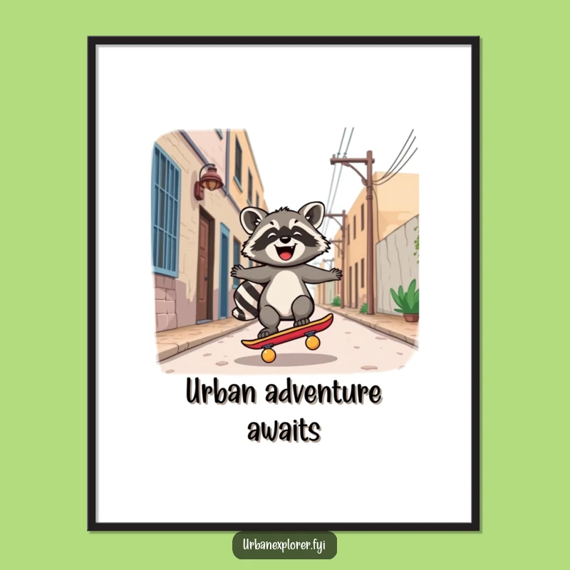 Funny Kawaii Raccoon Skateboard Poster: Joyful Alley Rider Art!