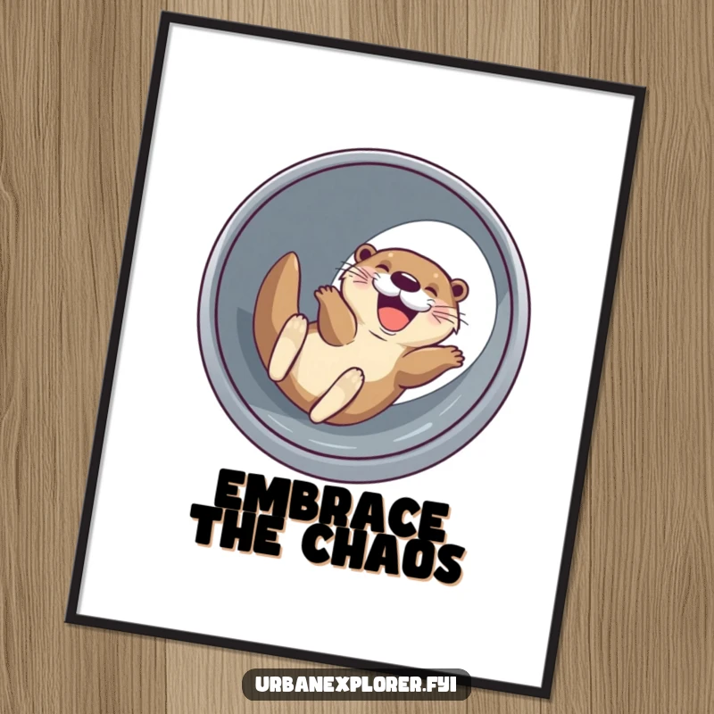 Funny joyful otter with a wide grin, sliding down a drainage pipe, humorous and vibrant wall art.