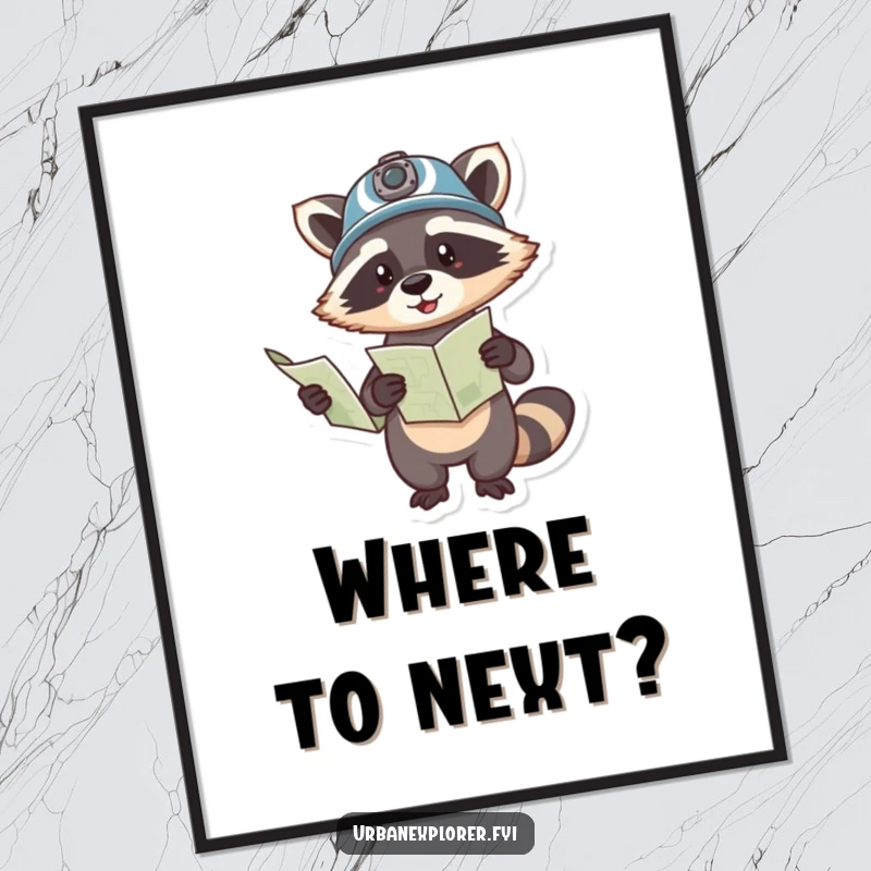 Funny poster of a playful raccoon in a helmet, holding a map and pointing, embodying a spirit of adventure.