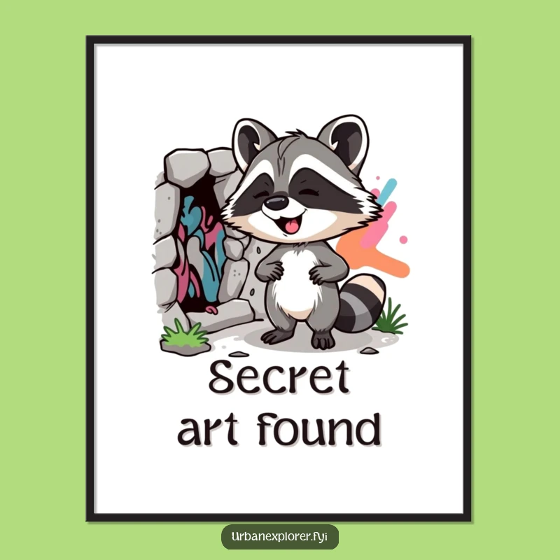 Funny Raccoon Street Art Poster: Vibrant art of a cheeky discoverer, perfect funny gift