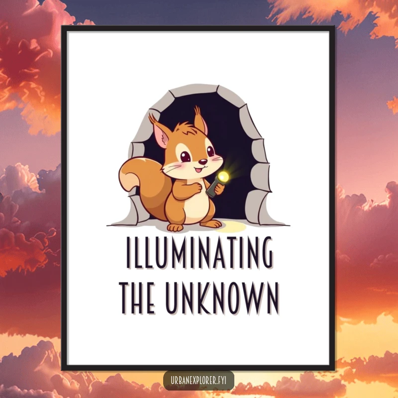 Funny squirrel poster of a brave explorer holding a flashlight, poised at the entrance of a dark, intriguing doorway.