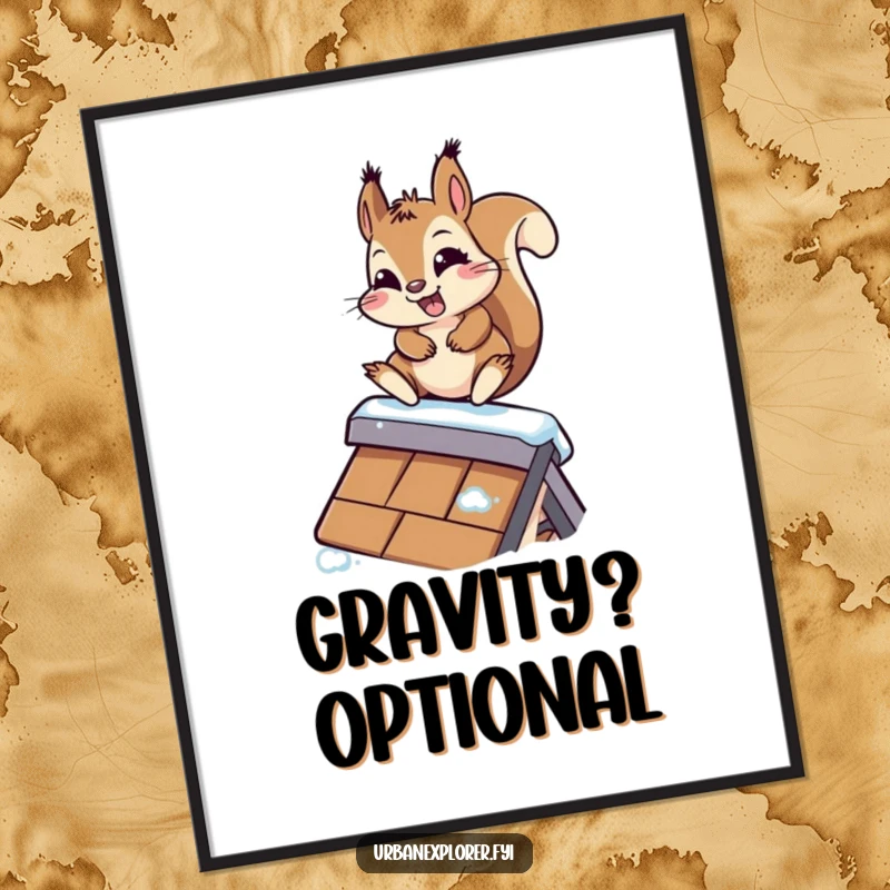 Funny Kawaii Squirrel Poster: A determined kawaii squirrel slides down a slippery rooftop, capturing a moment of hilarious action and joy.