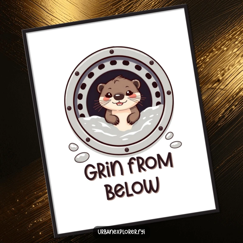 Funny otter with a big, mischievous grin, peeking out from a sewer grate, as wall art.