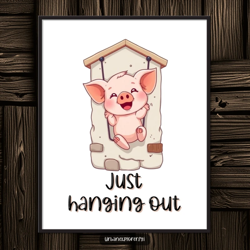 Funny poster artwork of a giggling piglet rappelling down a building, capturing a moment of pure, comical daring.