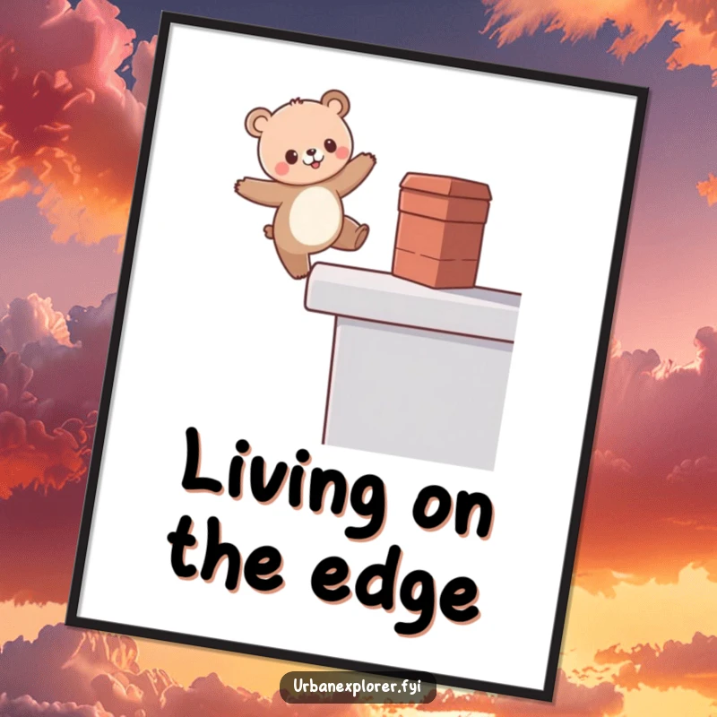 Funny Kawaii Bear Poster, cute bear balancing on a rooftop edge, whimsical and funny art print, ideal funny gift.