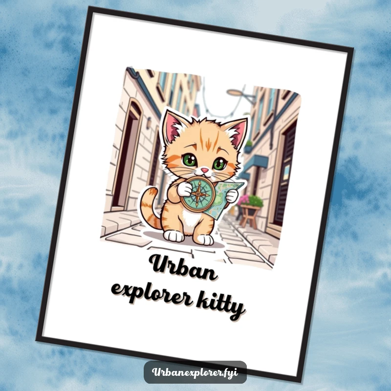 Funny Kitten Map Poster: Animated kitten using a compass on a city map, celebrating urban exploration, ideal funny gift.