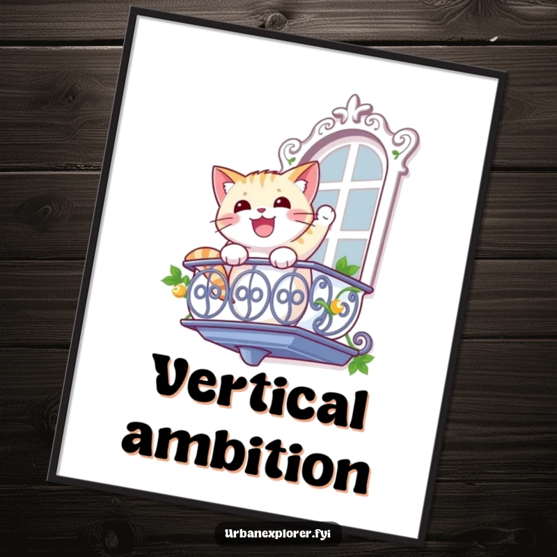 Funny cat poster of a gleeful cat rappelling with determination down a balcony, adding a touch of heroic humor.