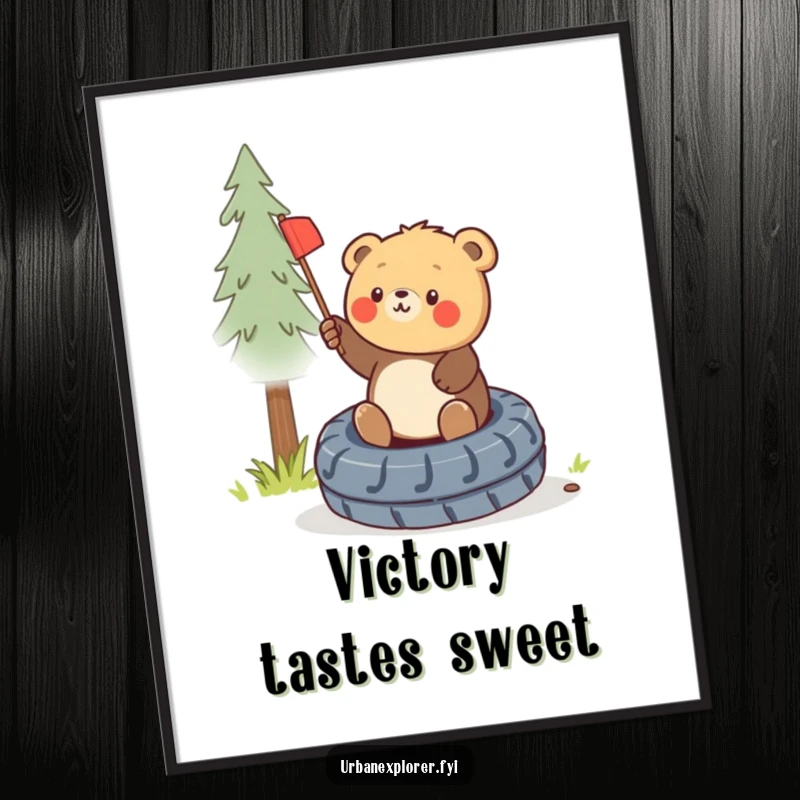 Funny illustration of a round bear cub triumphantly planting a tiny flag on a discarded tire, for motivational art.