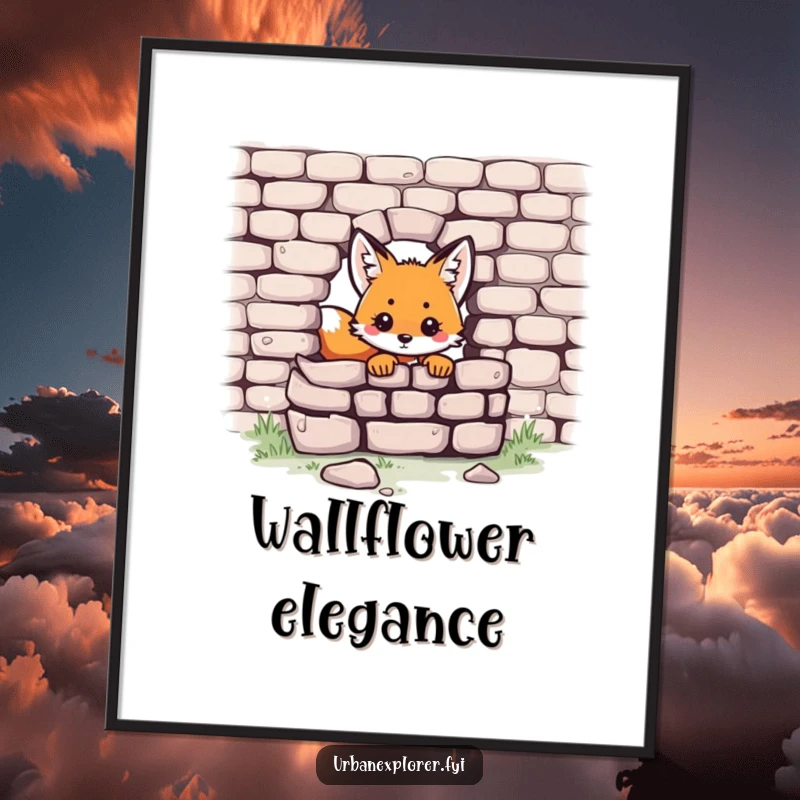 Funny Kawaii fox poster showcasing a small, cute fox peeking from behind a crumbling brick wall, adding artistic charm.