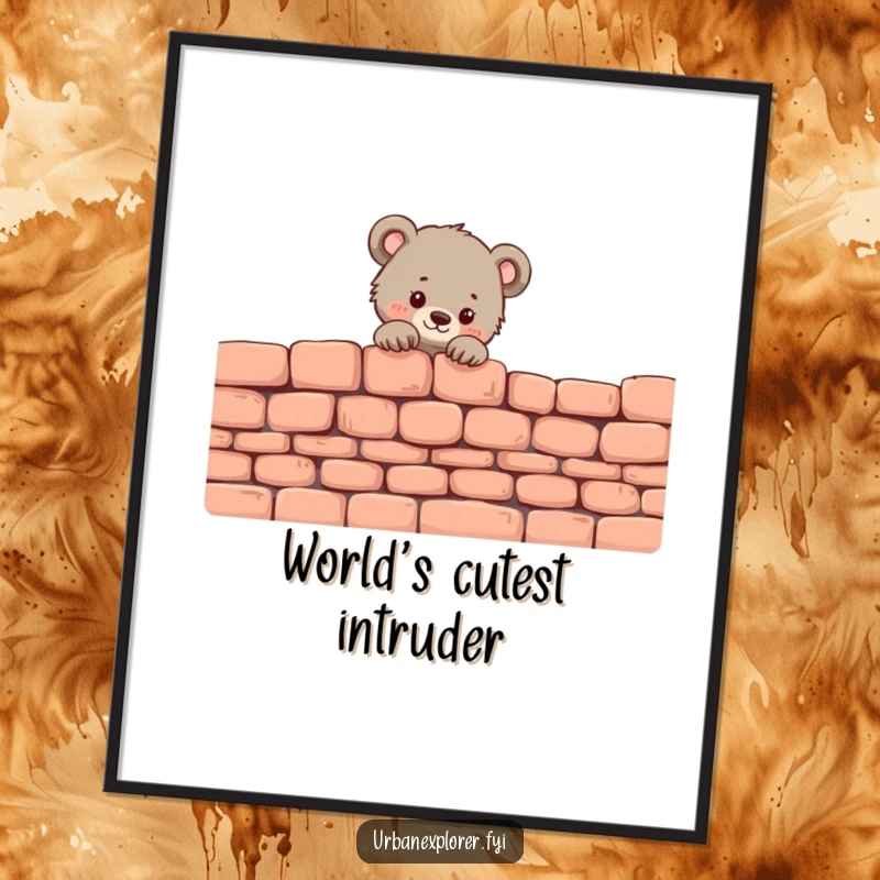 Funny Bear Cub Poster: A tiny bear cub peeks over a crumbling brick wall, capturing a moment of sweet curiosity.
