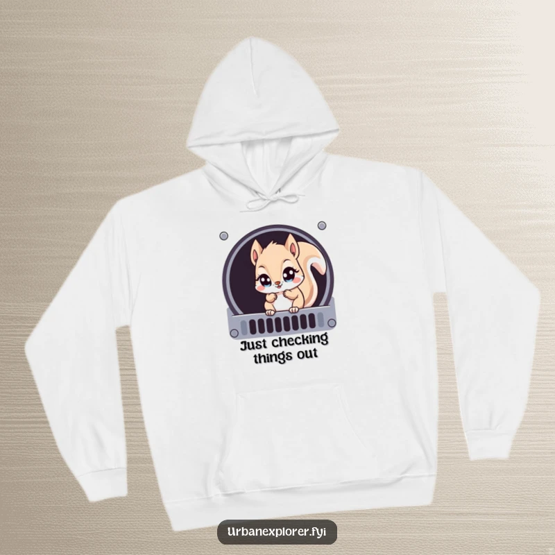 Funny Kawaii squirrel peeking into a ventilation grate, printed on a warm and cozy hoodie, perfect for cold days.