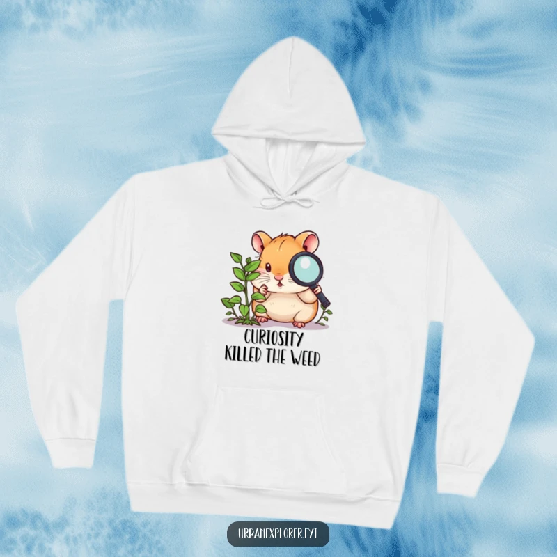 Funny hamster hoodie, a curious hamster with a magnifying glass, examining a tiny overgrown weed, a cozy investigator.
