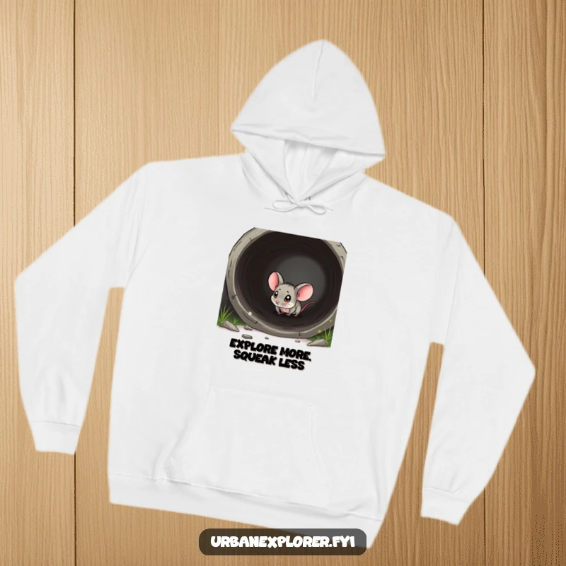 Funny mouse hoodie depicting a tiny mouse exploring a large pipe with wide, curious eyes, perfect for cozy adventures.