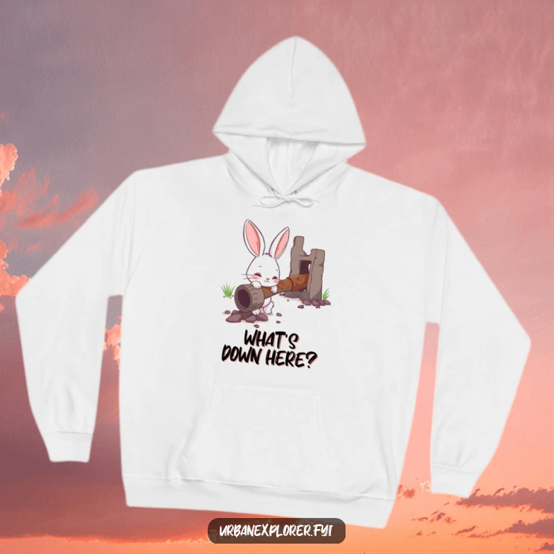 Funny hoodie featuring a curious bunny character examining a rusty pipe, a cozy and humorous apparel choice.