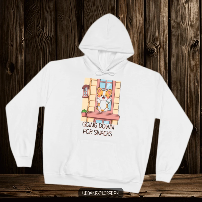 Funny corgi hoodie, a fluffy corgi enthusiastically rappelling down a stylized building facade, a cozy adventure wear.