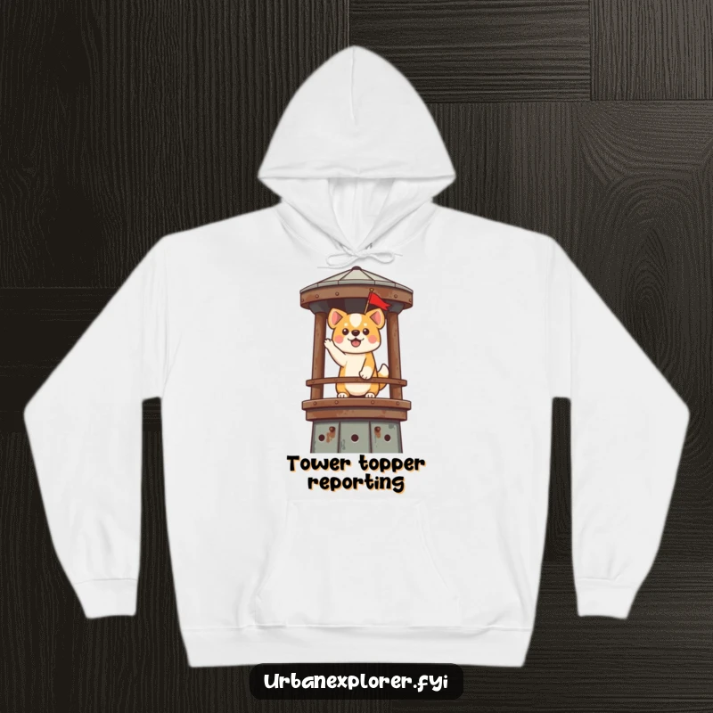 Funny Kawaii Dog Hoodie: A cute dog plants a flag on a rusty water tower, offering warm, humorous celebration.