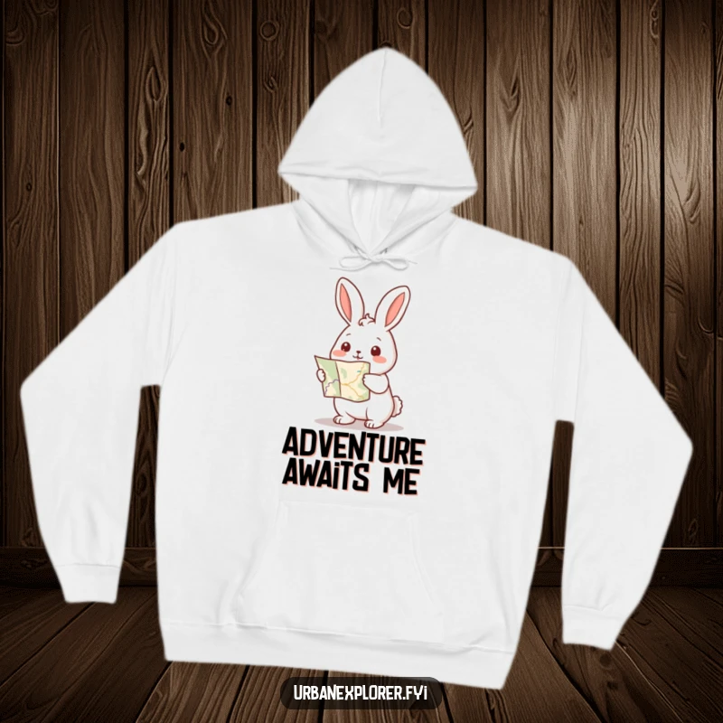 Funny Kawaii rabbit hoodie with a cute rabbit holding a map and pointing forward, perfect for cozy journeys.