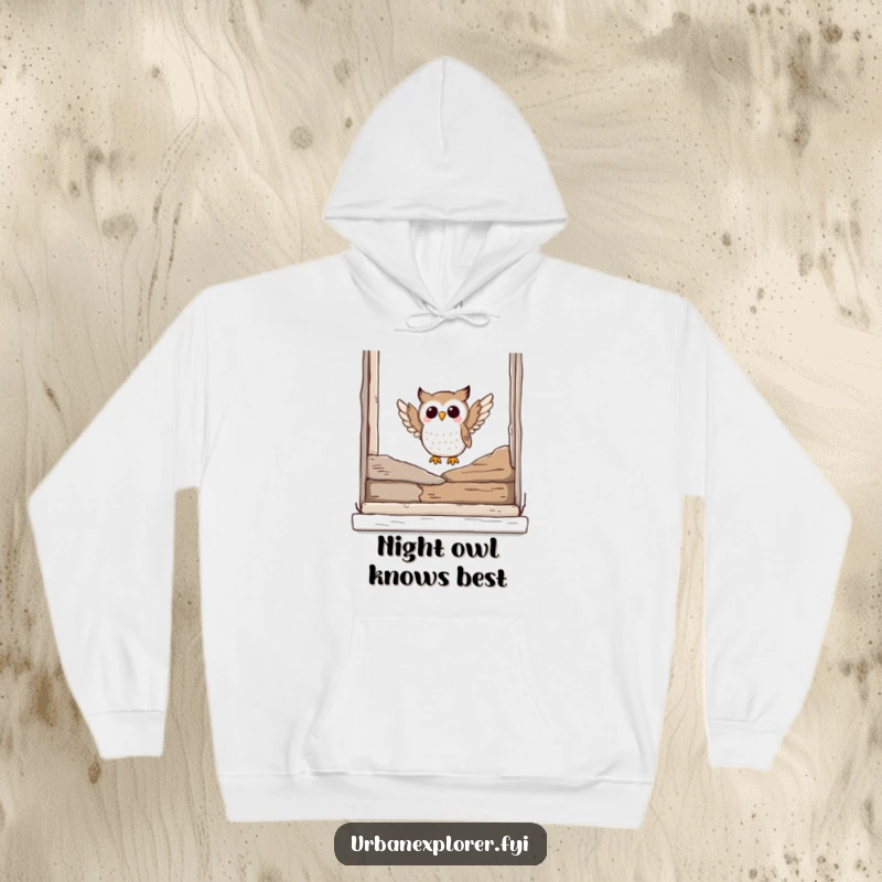 Funny owl hoodie depicting a joyful owl landing gracefully on a weathered, broken window ledge, offering warmth and humor.