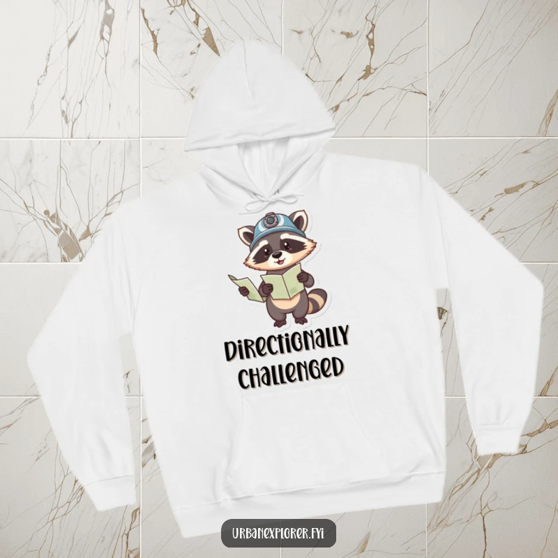 Funny hoodie with a playful raccoon wearing a helmet, holding a map, and pointing towards an unknown, humorous destination.
