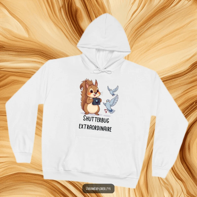 Funny squirrel with a camera, hilariously capturing a pigeon mid-flight, on a cozy hoodie, great gift.