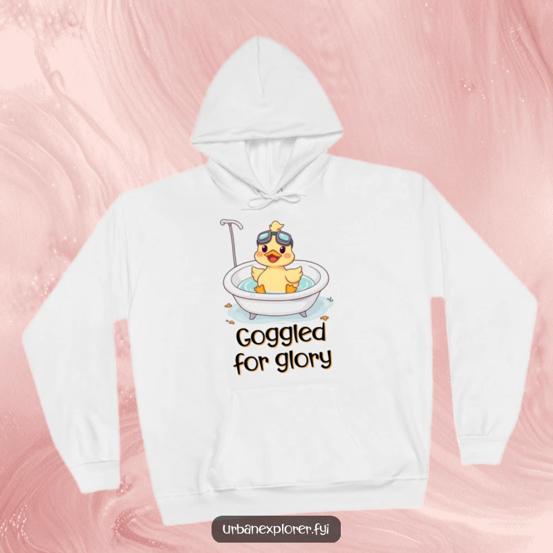 Funny Kawaii duck wearing goggles, floating in a bathtub, printed on a soft and warm hoodie.
