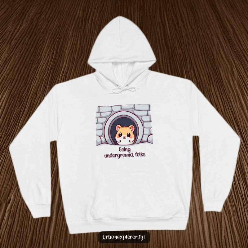 Funny Kawaii Hamster Hoodie: A wide-eyed kawaii hamster discovers a hidden subway entrance, bringing cozy humor to your adventures.