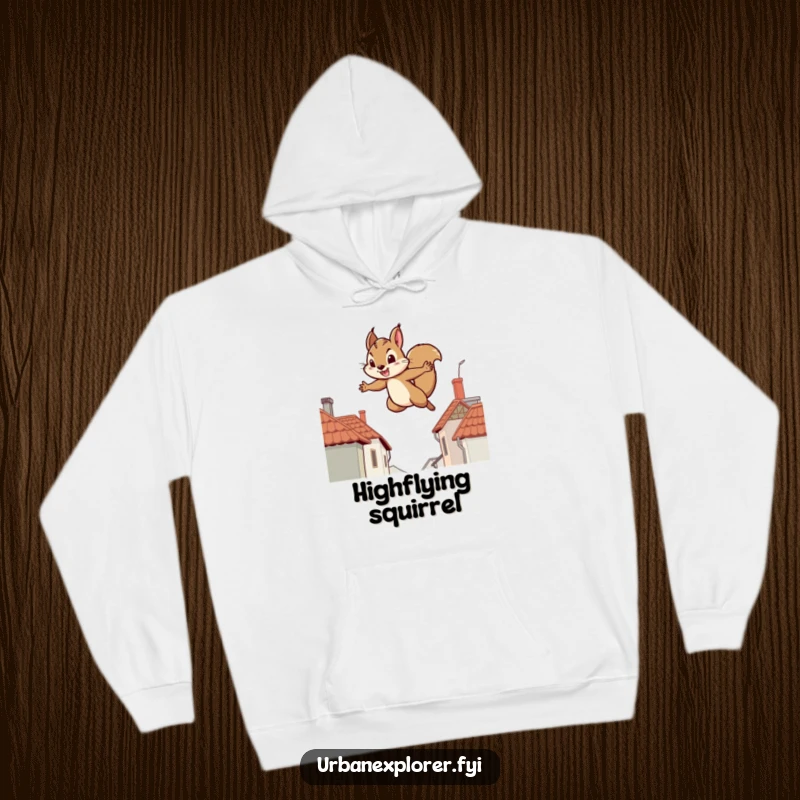 Funny hoodie featuring a determined squirrel leaping between rooftops, a cozy and humorous apparel choice for the driven.