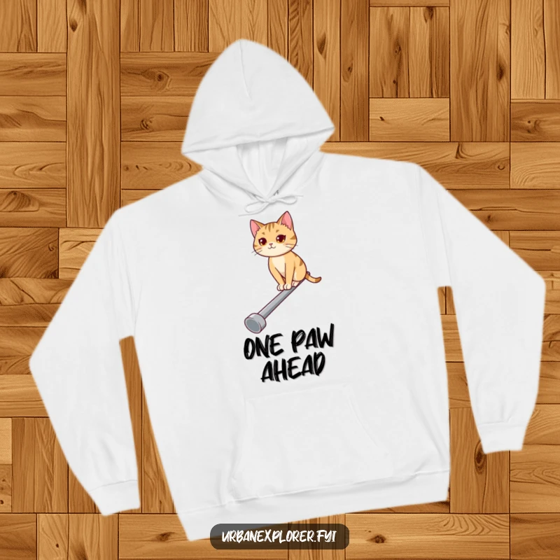 Funny hoodie showcasing a determined cat balancing on a pipe, exuding confidence and a humorous spirit.