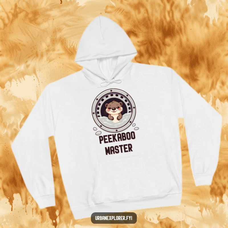 Funny otter with a wide grin, emerging from a sewer grate, on a soft, hooded sweatshirt.