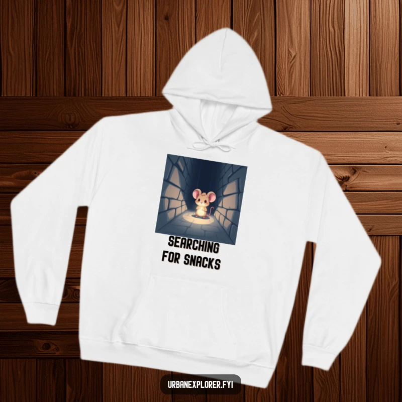 Funny Hoodie: A tiny mouse with a headlamp bravely shines a beam into a mysterious alleyway.