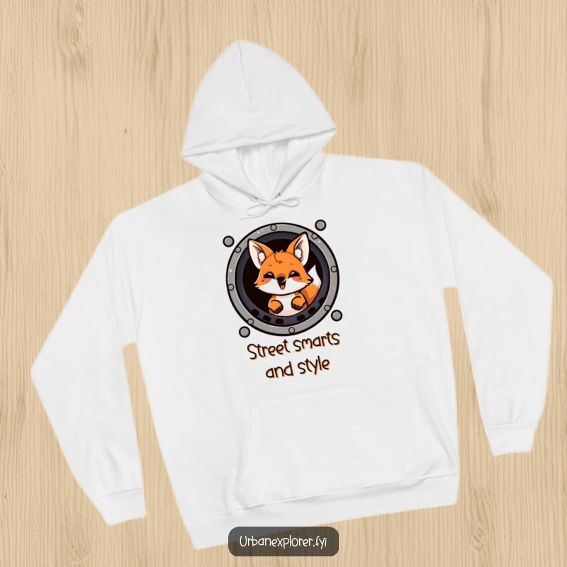 Funny fox with a mischievous grin peeking out of a sewer grate, printed on a warm and cozy hoodie.