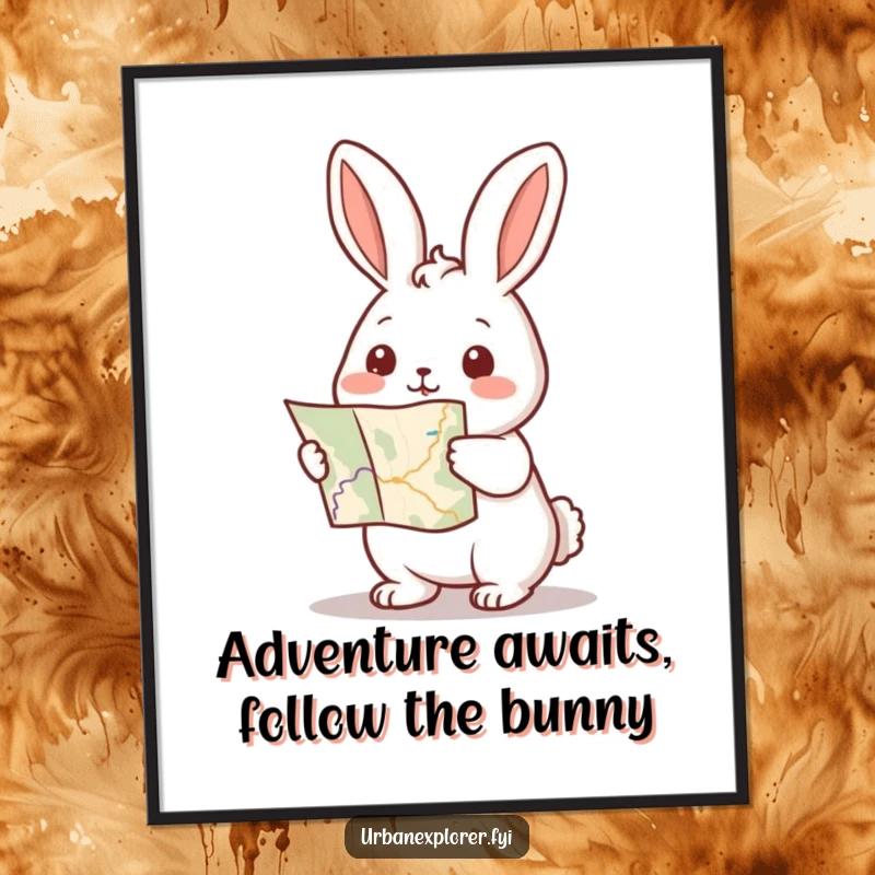 Funny Free Printable Wall Art: A tiny Kawaii rabbit holding a map, enthusiastically pointing forward, suggesting an exciting adventure.