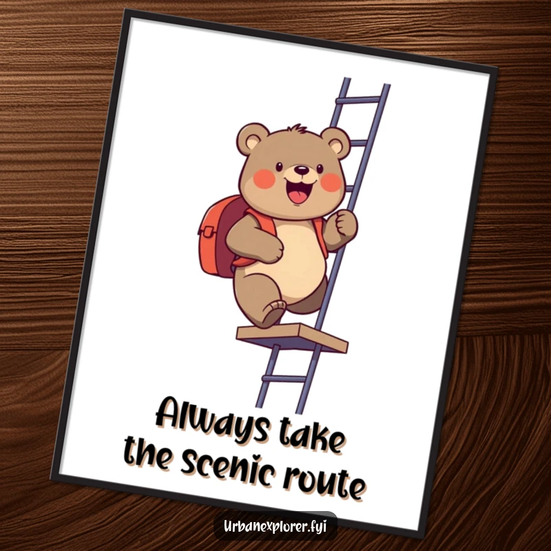 Funny Free Printable Wall Art: A gleeful bear with a backpack climbs a fire escape, adventurous spirit, downloadable room decor.