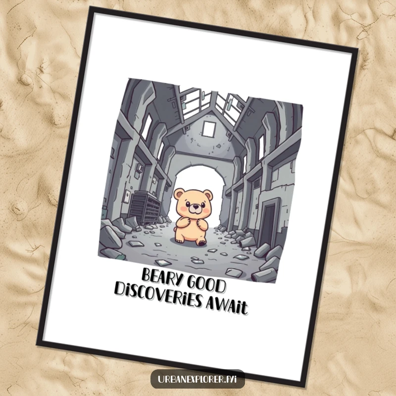 Funny Free Printable Wall Art: Brave bear investigating an abandoned warehouse with attentive ears, symbolizing curiosity and discovery.