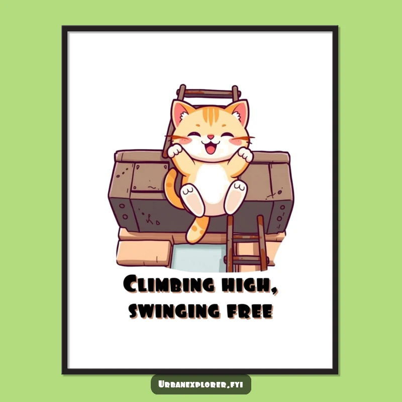 Funny Free Printable Wall Art: Kawaii Cat Swinging, Whimsical Downloadable Decor