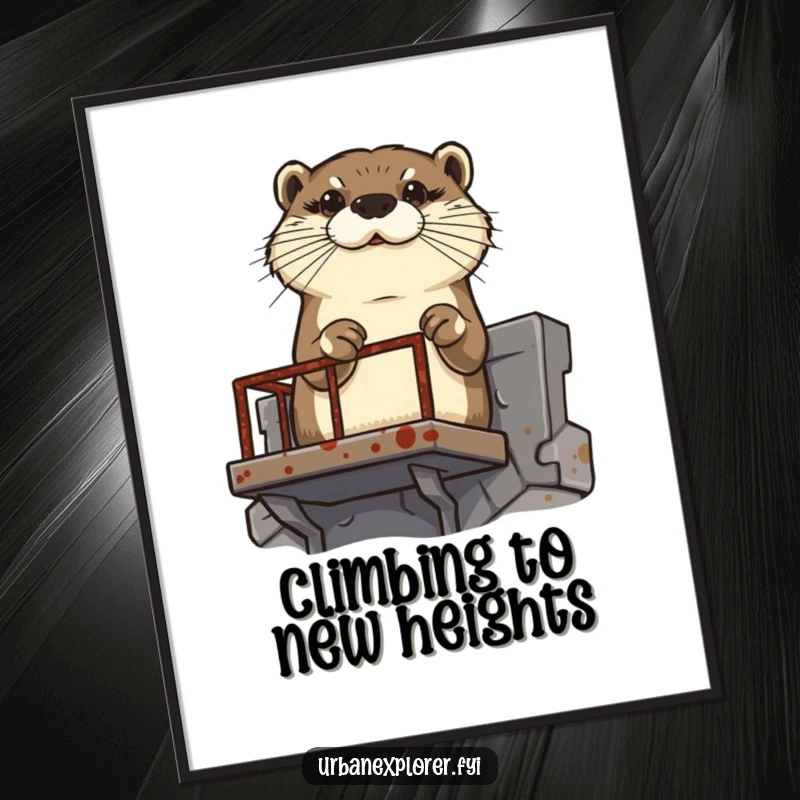Funny Free Printable Wall Art: Determined otter scaling a rusty fire escape with alert focus, symbolizing ambition and drive.
